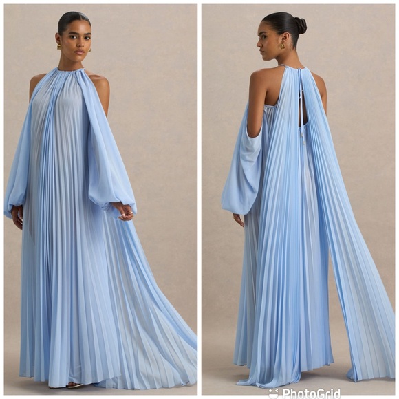 Club London Dresses & Skirts - Club London REYNA Powder Blue Pleated Chiffon Cold-Shoulder Maxi Dress NWT!